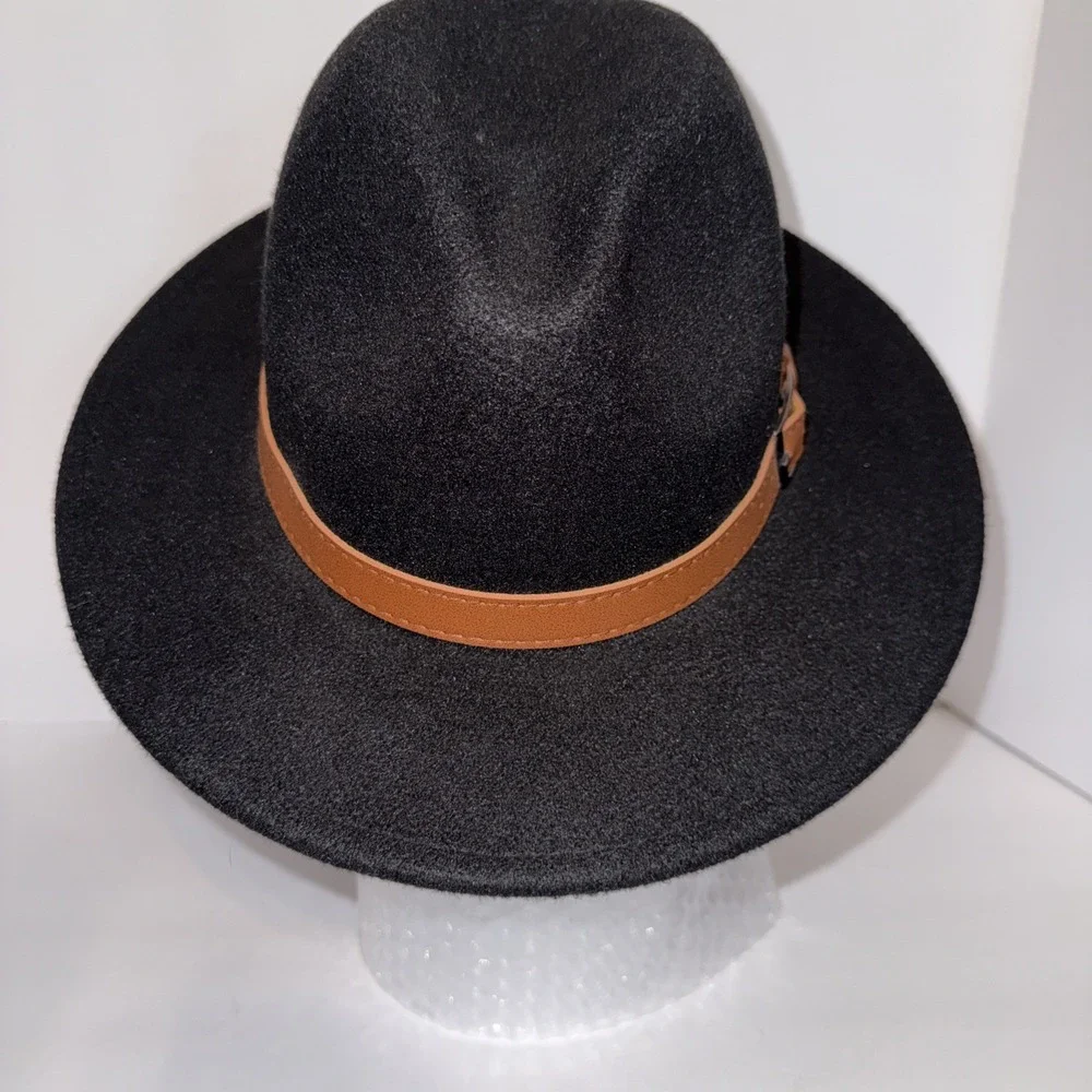 Pengcheng Womens‎ Fedora Trilby Hat Camel Wool Blend Buckle Black Boho One Size